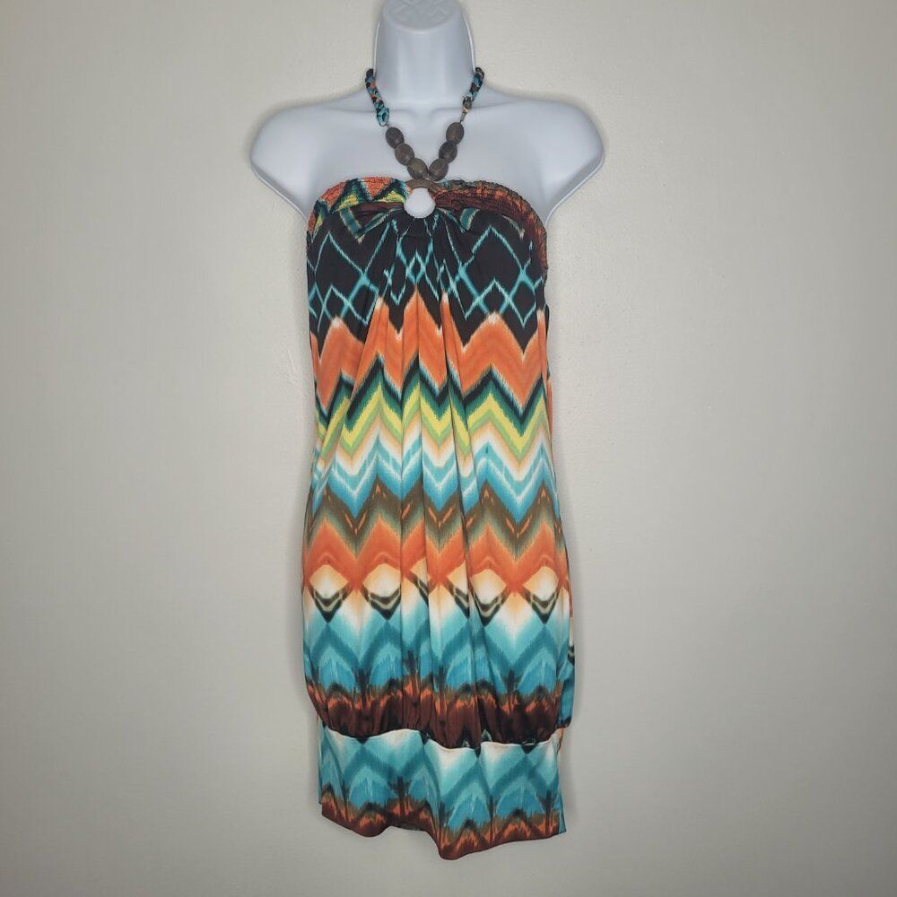 Vintage y2k brown blue orange grunge beaded halter mini club party dress large